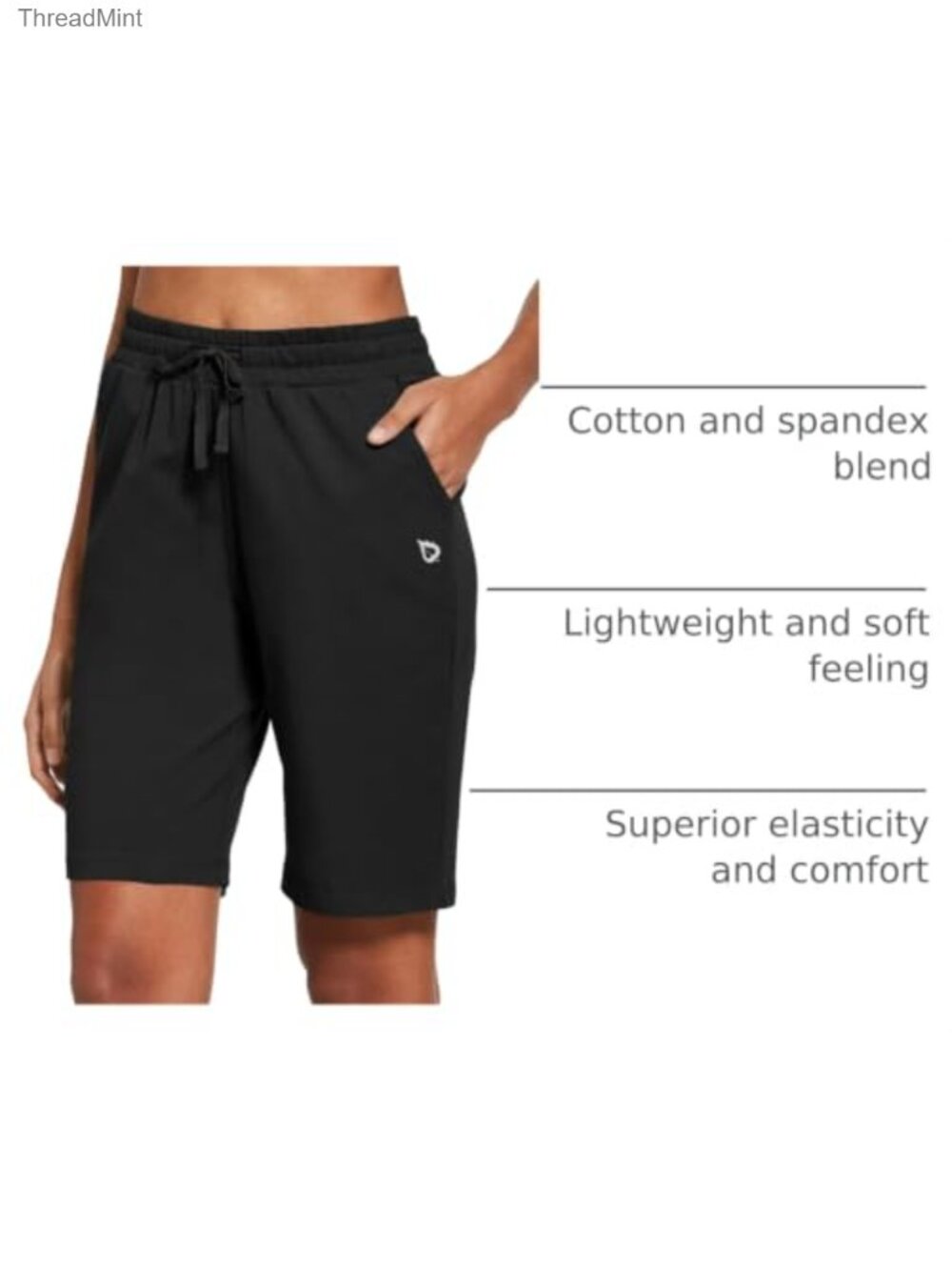 Women's 10" Cotton Bermuda Shorts High Waist Drawcord Loose Fit with Pockets - Picture 3 of 6